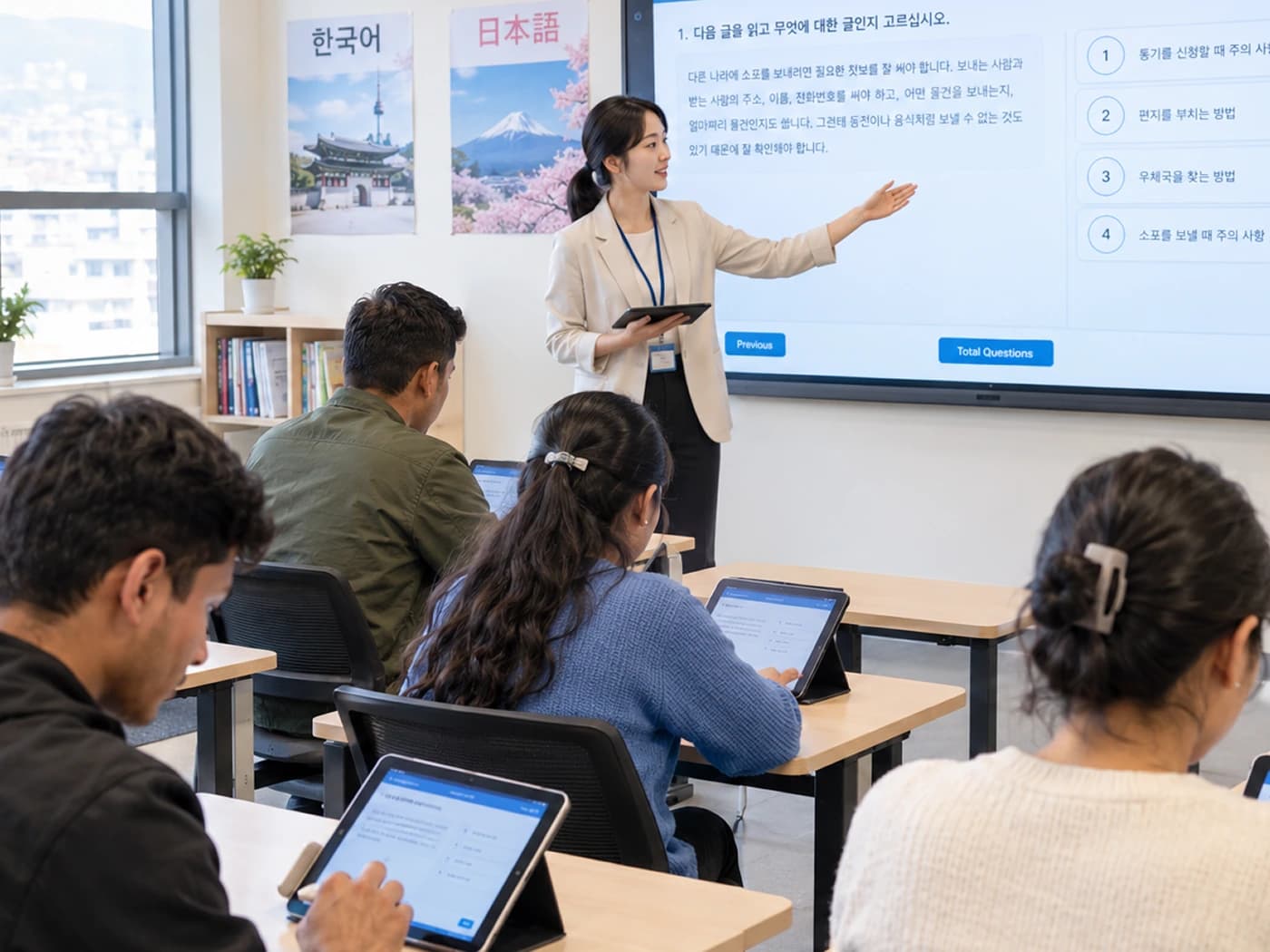 Students taking a mock exam on computers at a language institute