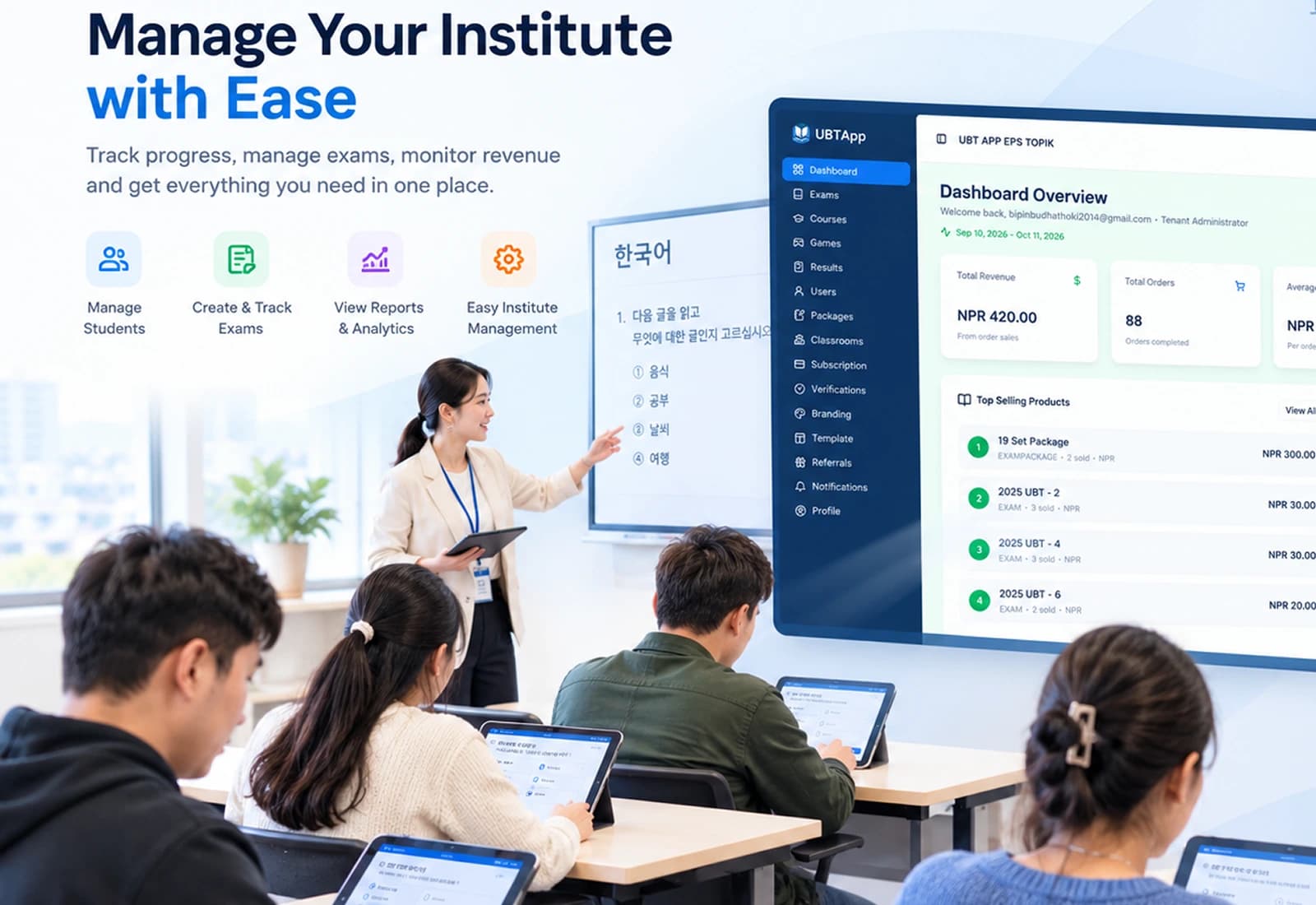 UBTApp institute dashboard with exams, students and results